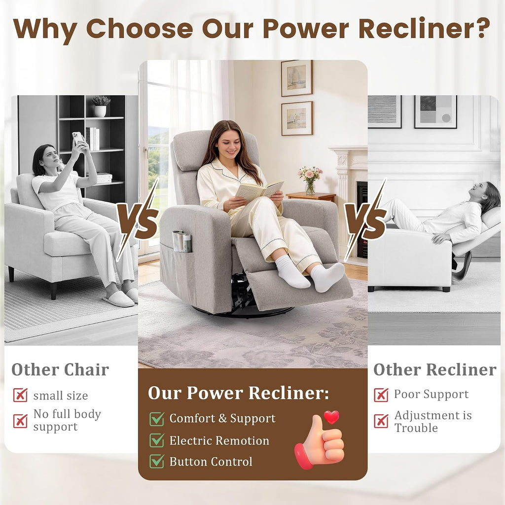 Korser Power Swivel Recliner Chairs for Adults, Electric Glider Rocking Chair Nursery, Glider Recliner Nursery Chair with Classified Side Pocket, Nursery Rocking Chairs with USB and Type-C Ports