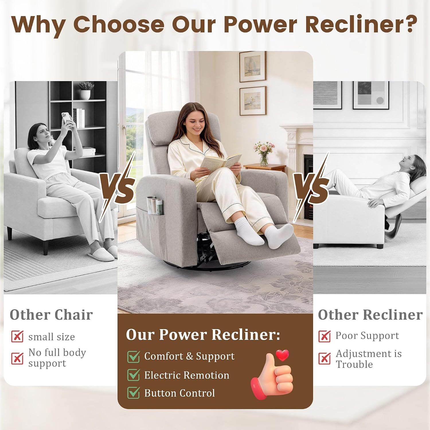 Korser Power Swivel Recliner Chairs for Adults, Electric Glider Rocking Chair Nursery, Glider Recliner Nursery Chair with Classified Side Pocket, Nursery Rocking Chairs with USB and Type-C Ports