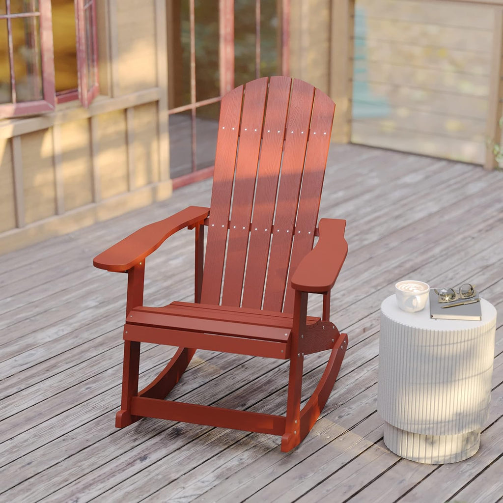 Flash Furniture Savannah Poly Resin Wood Adirondack Rocking Chair - All Weather Red Polystyrene - Stainless Steel Hardware