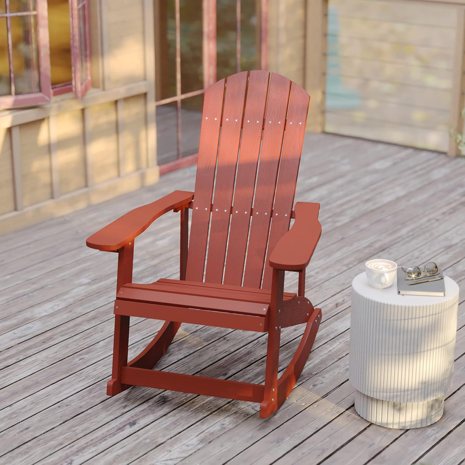 Flash Furniture Savannah Poly Resin Wood Adirondack Rocking Chair - All Weather Red Polystyrene - Stainless Steel Hardware