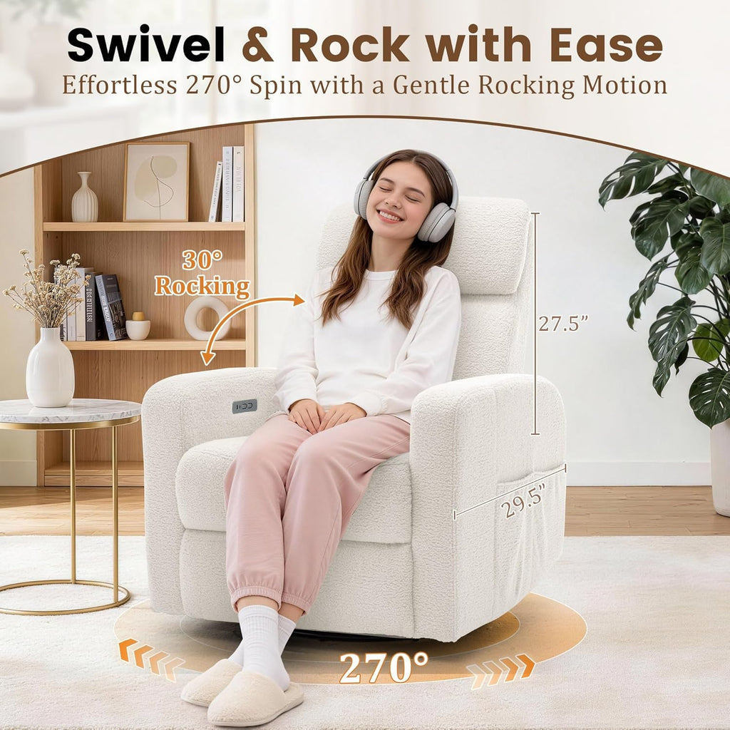 Korser Power Swivel Recliner Chairs for Adults, Electric Glider Rocking Chair Nursery, Glider Recliner Nursery Chair with Classified Side Pocket, Nursery Rocking Chairs with USB and Type-C Ports