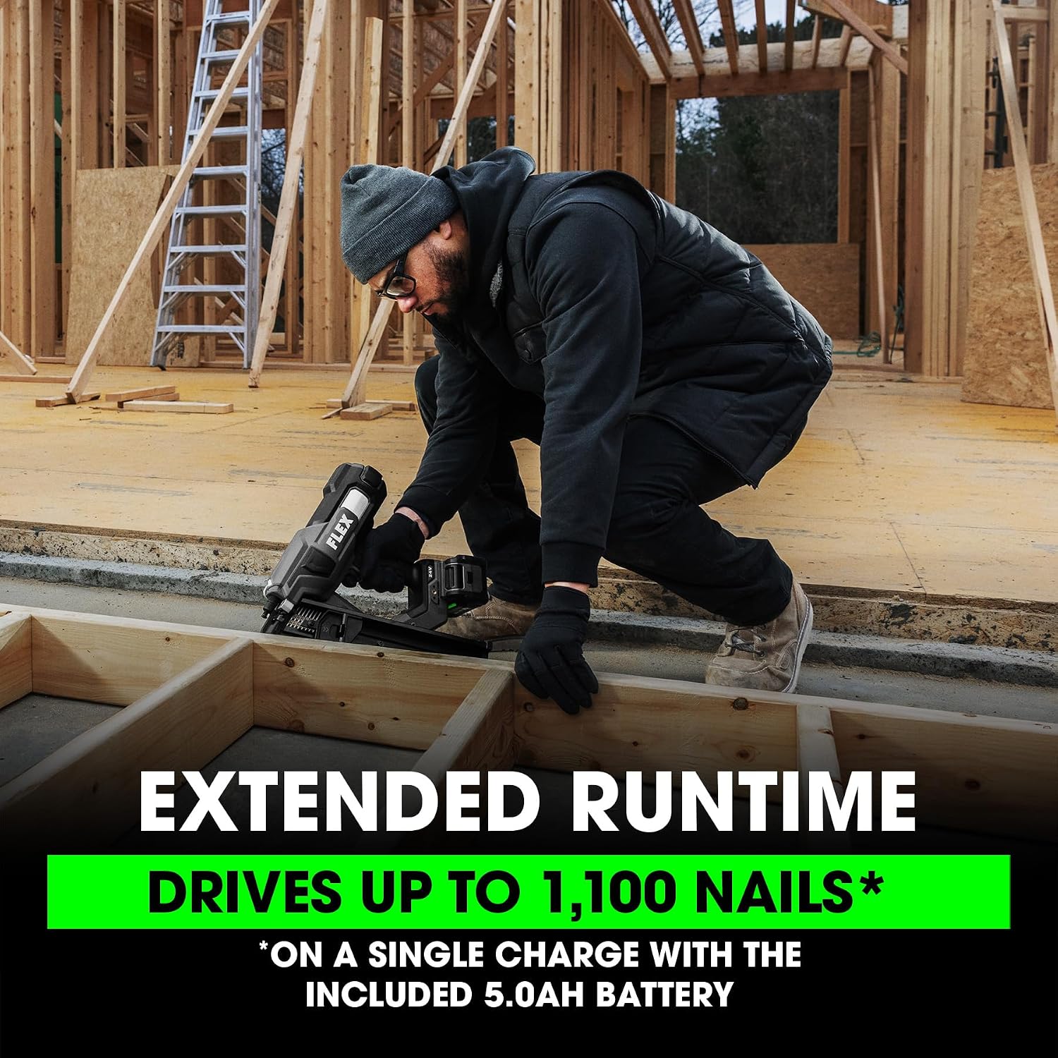 FLEX 24V Brushless 21° Framing Nailer Kit, Zero Ramp-up Time, 3 Nails/Sec, Ideal for Framing, Sheathing and Decking, w/ 5.0Ah Lithium Battery & 160W Fast Charger - FX4351A-1C