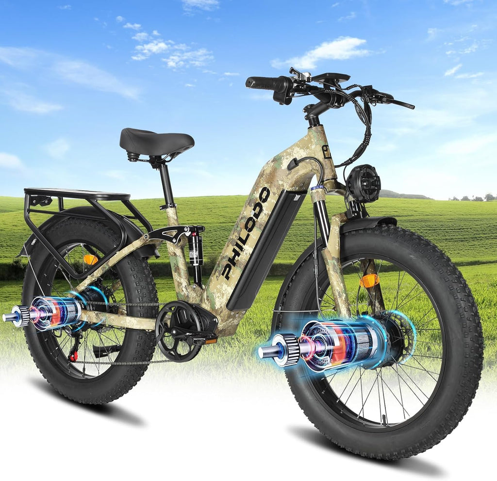 Electric Bike for Adults, 5000𝕨 Dual Motor E-Bike, 60V 32AH Long Range Dirt Bike, Fat Tire Hunting Ebike for All Terrain, Full Suspension Electric Bicycle