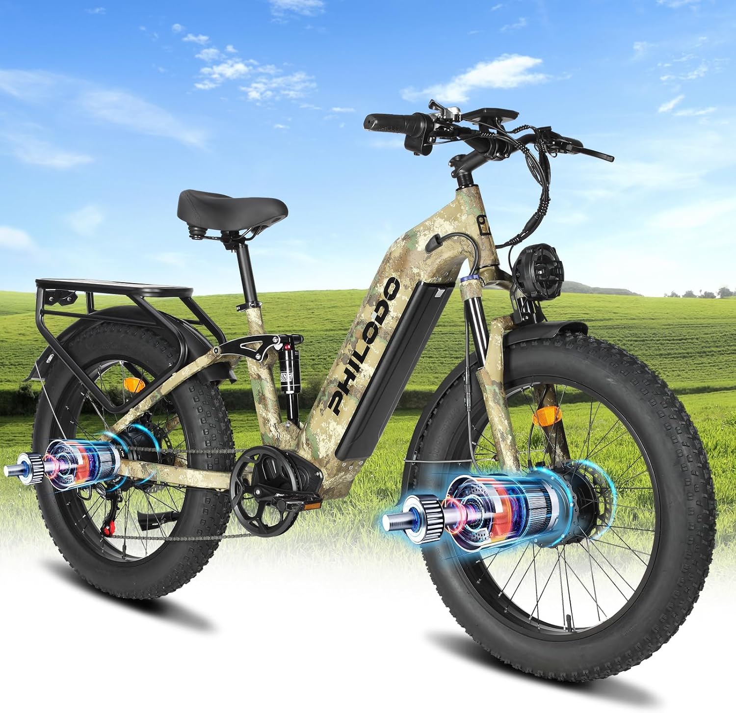 Electric Bike for Adults, 5000𝕨 Dual Motor E-Bike, 60V 32AH Long Range Dirt Bike, Fat Tire Hunting Ebike for All Terrain, Full Suspension Electric Bicycle