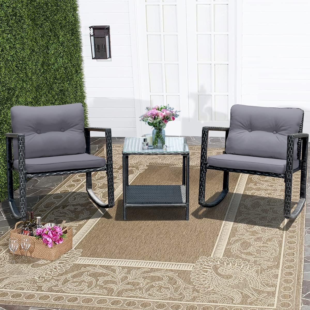 Tangkula 3 Pieces Patio Wicker Rocking Bistro Set, Outdoor Rocking Chair Furniture Set w/Cushioned Seat, Conversation Set w/Glass Coffee Table and Storage Shelf (Gray)