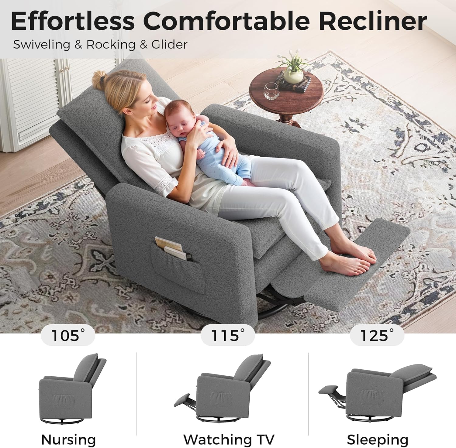 Amopatio Swivel Glider Recliner for Indoor, Nursery Rocker Chair Upholstered Single Sofa with Side Pockets and Footrest for Living Room Bedroom