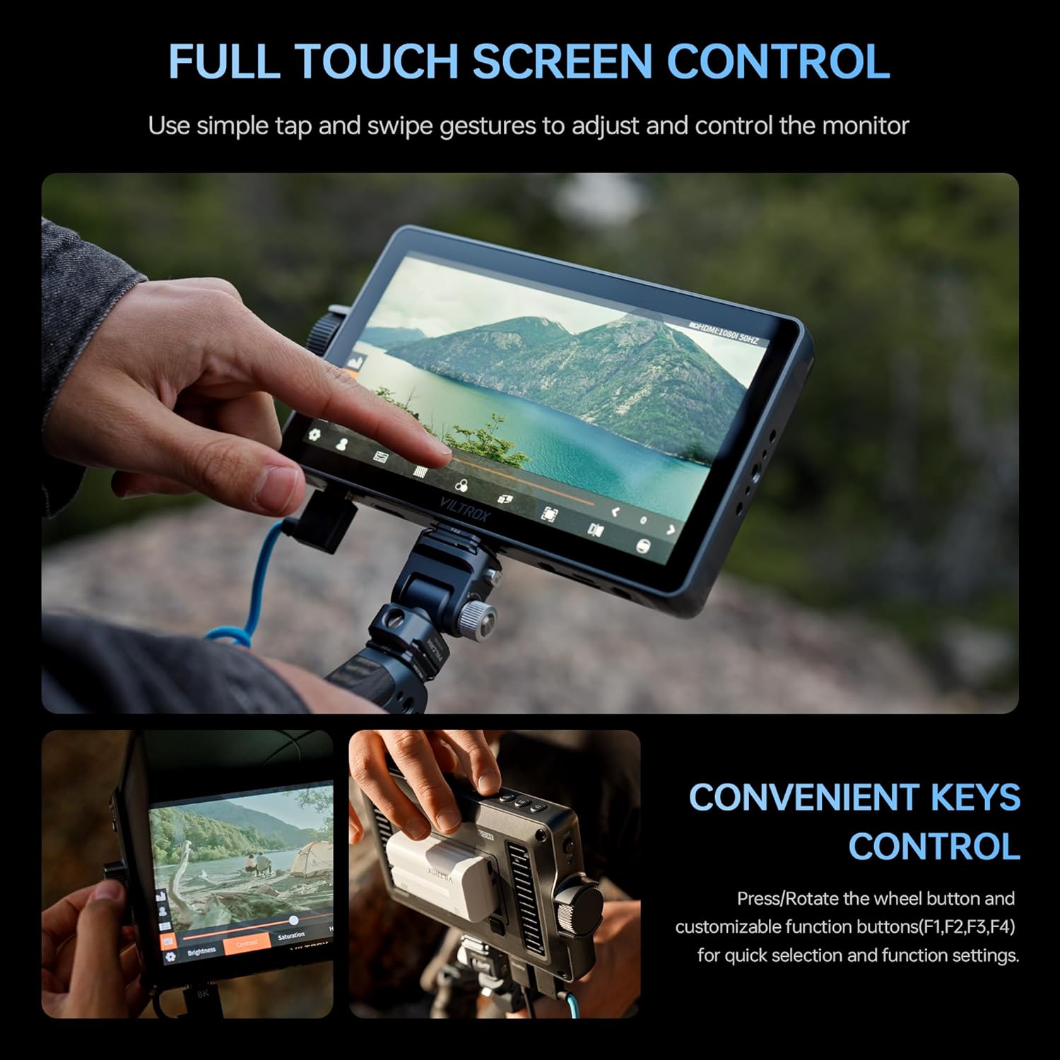 VILTROX DC-A1 2800Nits Camera Field Monitor Touchscreen with 7' Full HD1920x1080 IPS 4K HDMI Loop in/Out,3D LUTs Waveform Video Peaking Focus Assist, 170° Wide View Angle, Sunshade Hood & Battery