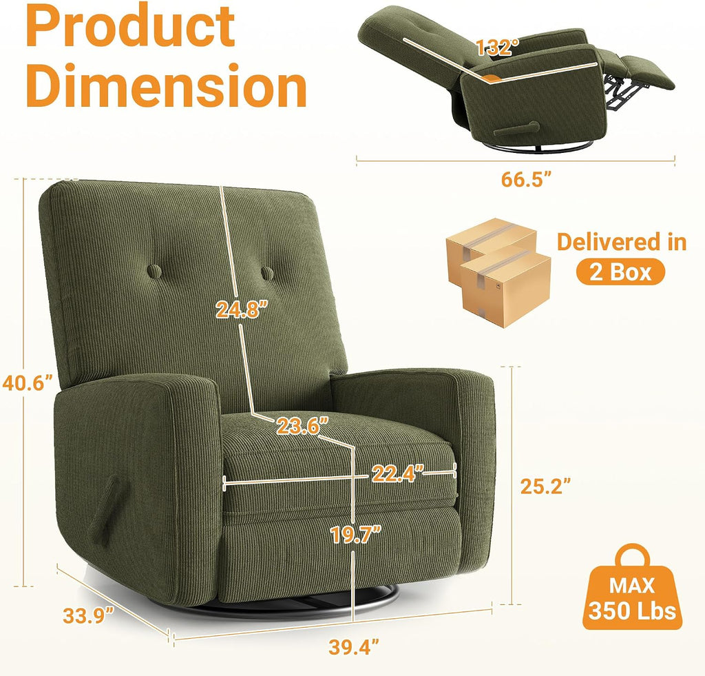 IDEALHOUSE Recliner Chair, 360° Swivel Rocking Glider Chair for Adults with Adjustable Backrest & Footrest, Cozy Corduroy Upholstered Armchair for Living Rooms, Bedrooms, Apartments, Green