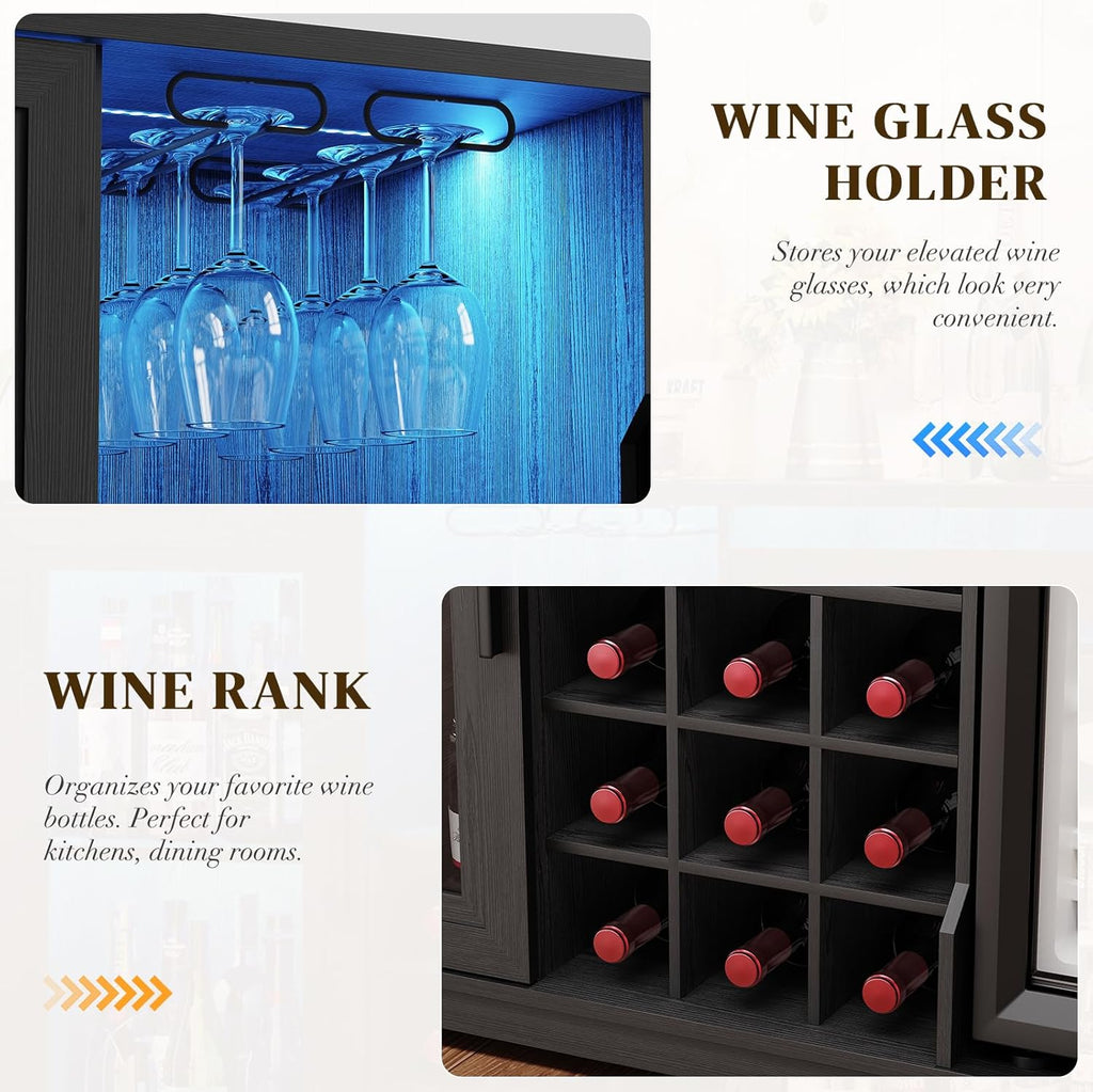BROTTAR Coffee Bar Cabinet with Fridge (Fridge Included), Large Liquor Bar Cabinet with LED Lights, Glass Holder & Wine Rack, Wine Cabinet with Human Body Sensor, Buffet Sideboard for Home, Black
