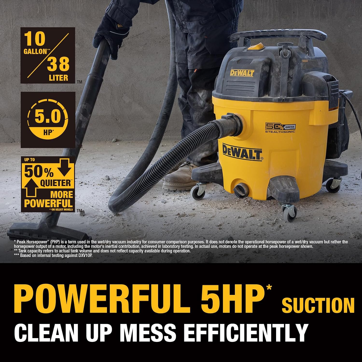 DEWALT 10 Gallon Stealthsonic Wet/Dry Vacuum, 5 Peak HP Ultra-Quiet Shop Vac with Full Accessory Kit & 6 Bonus Dust Bags, 1-7/8 in. x 7 ft. Hose for Job Sites, Workshops & Garages