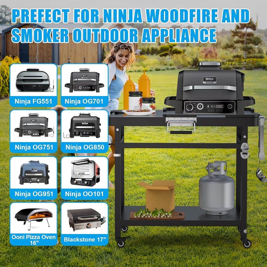 Outspark Grill Stand for Ninja Woodfire Outdoor Portable Prep Cart Table Station for Ninja XSKUNSTAND OG700 OG800 OG900 OO101 Series and Smoker Pizza Oven Accessories with Wheels & Grill Cover