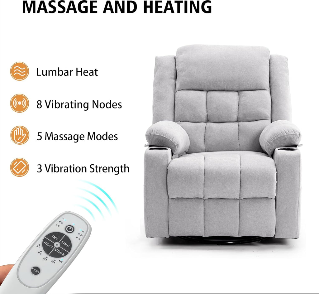 Ketaiyou Power Swivel Rocker Recliner Chair for Adults with Massage and Heat, USB and Type-C Ports, Infinite Position, Electric Glider Reclining Single Sofa Chair for Living Room (Light Grey)