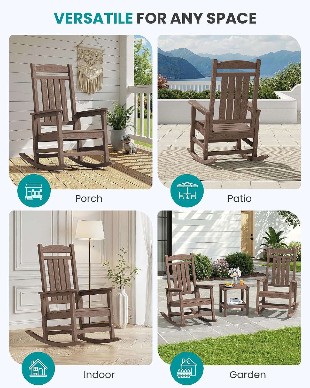 SERWALL Oversized HDPE Outdoor Rocking Chair Set of 2, Patio Rocking Chairs, All-Weather Porch Rockers for Adults, Brown