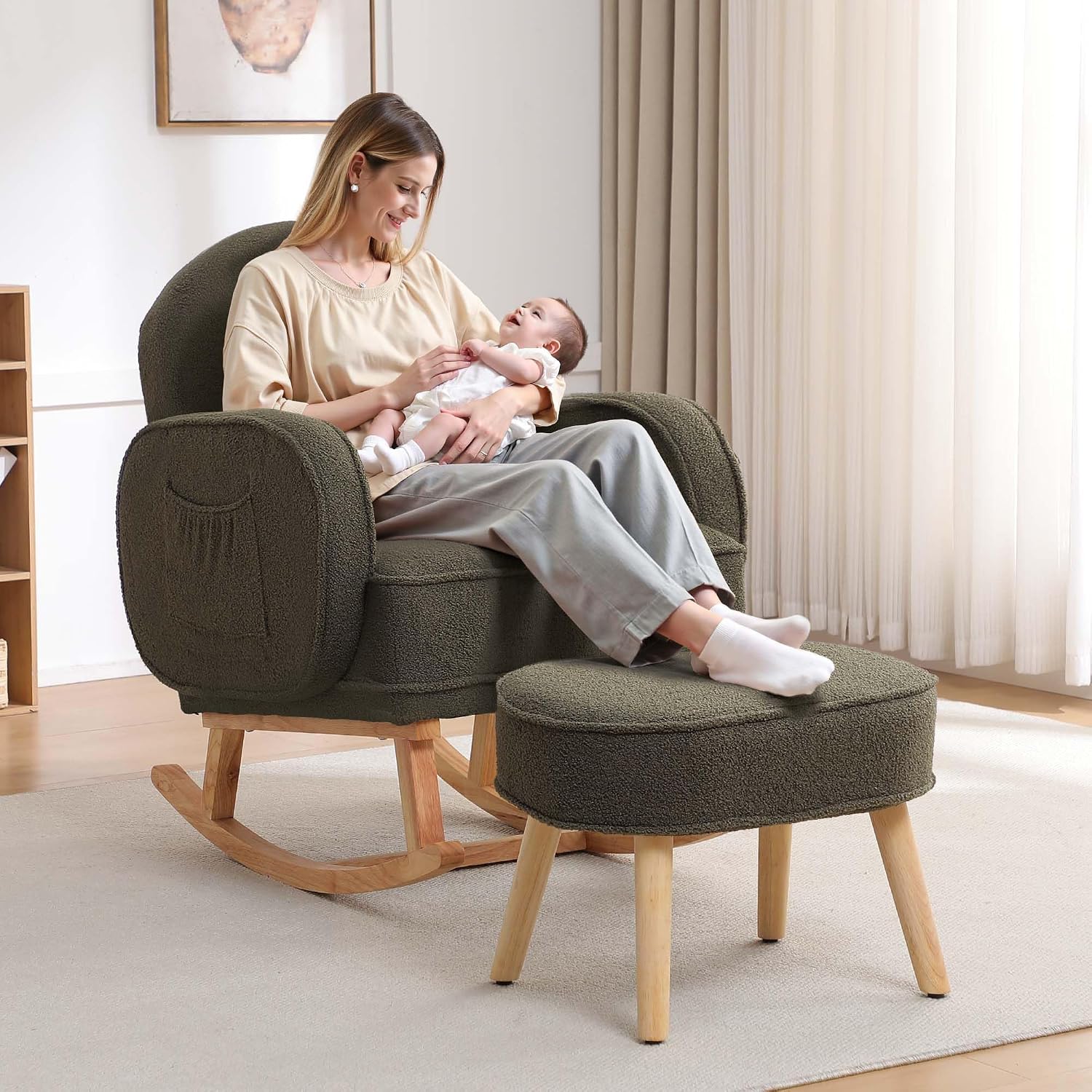 HCHAIRH Rocking Chair with Ottoman, Upholstered Glider Rocker with High Backrest and Side Pocket, Rocking Accent Armchair with Solid Wood Legs for Nursery/Living Room/Bedroom Green