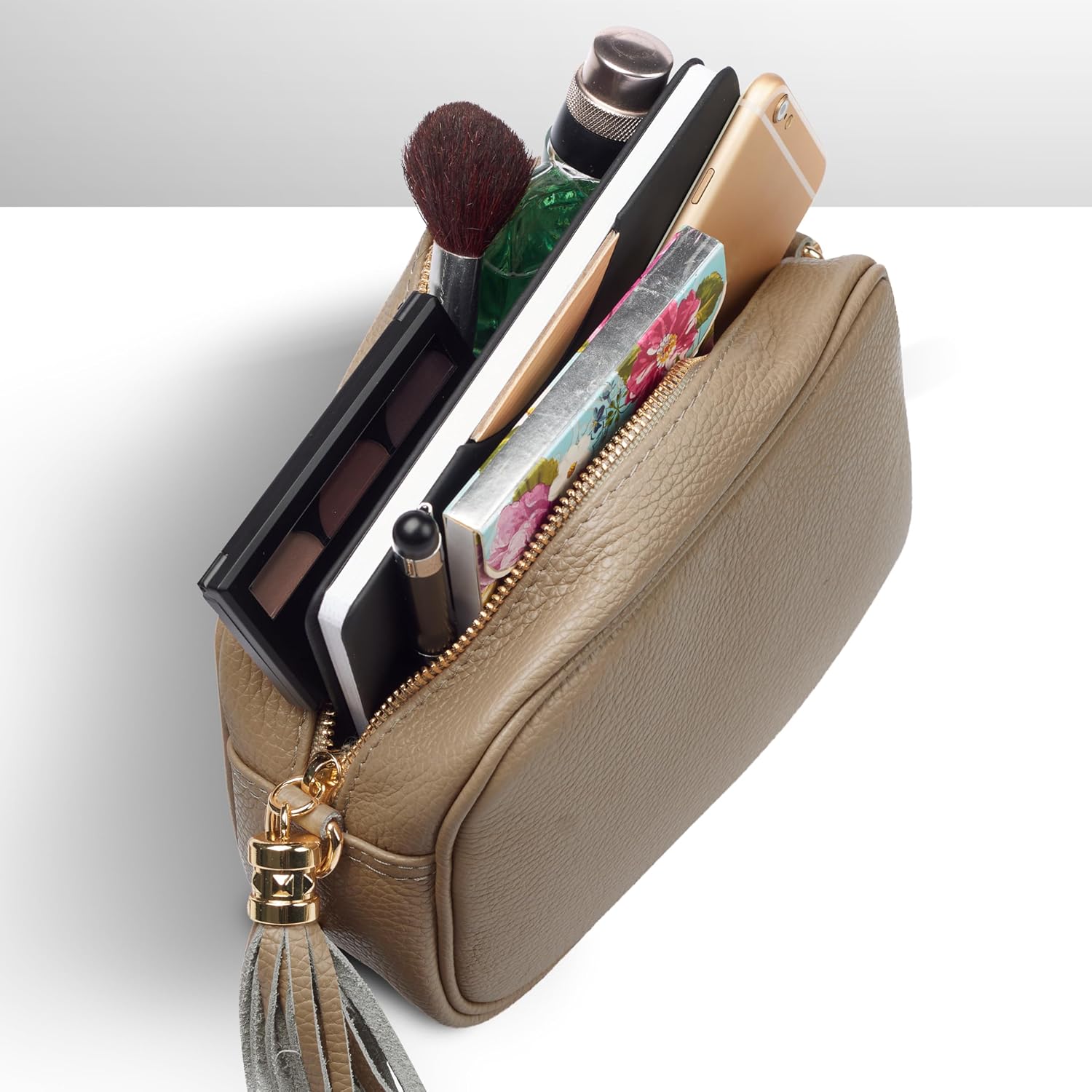 Italian Calf Leather Crossbody Bag for Women with Tassel Zipper | Small Camera Purse Shoulder Handbag Pocketbook