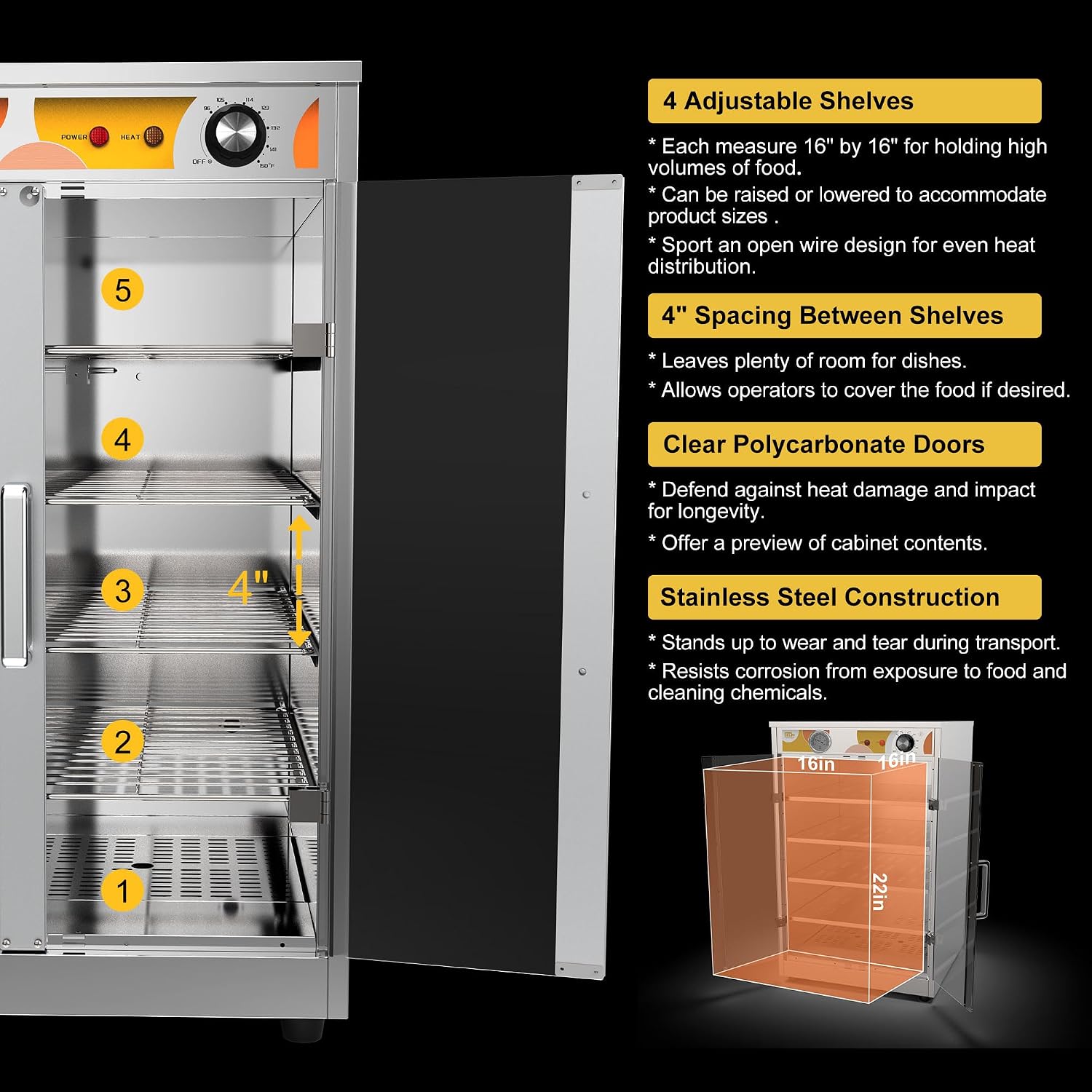 5-Shelf Electric Catering Hot Box Food Warmer Accommodating up to (10) 15' Pizza Boxes, Countertop Heated Holding Cabinet for Pretzels, Warming Machine for Home Commercial Use, 120V 600W