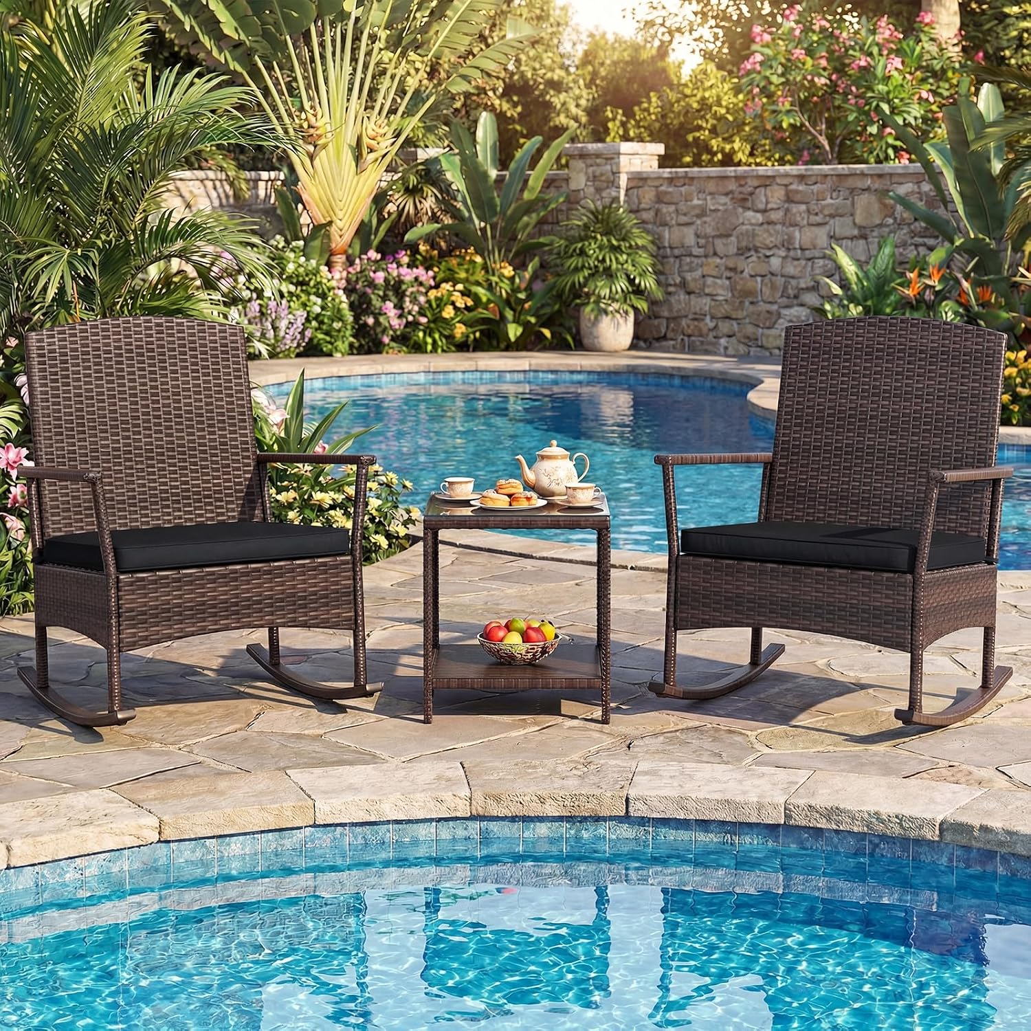 Tangkula 3 Pieces Rocking Wicker Bistro Set, Outdoor Front Porch Rocker Chairs Conversation Set with 2-Tier Tempered Glass Coffee Table and Thick Cushions for Garden, Balcony, Poolside (Black)