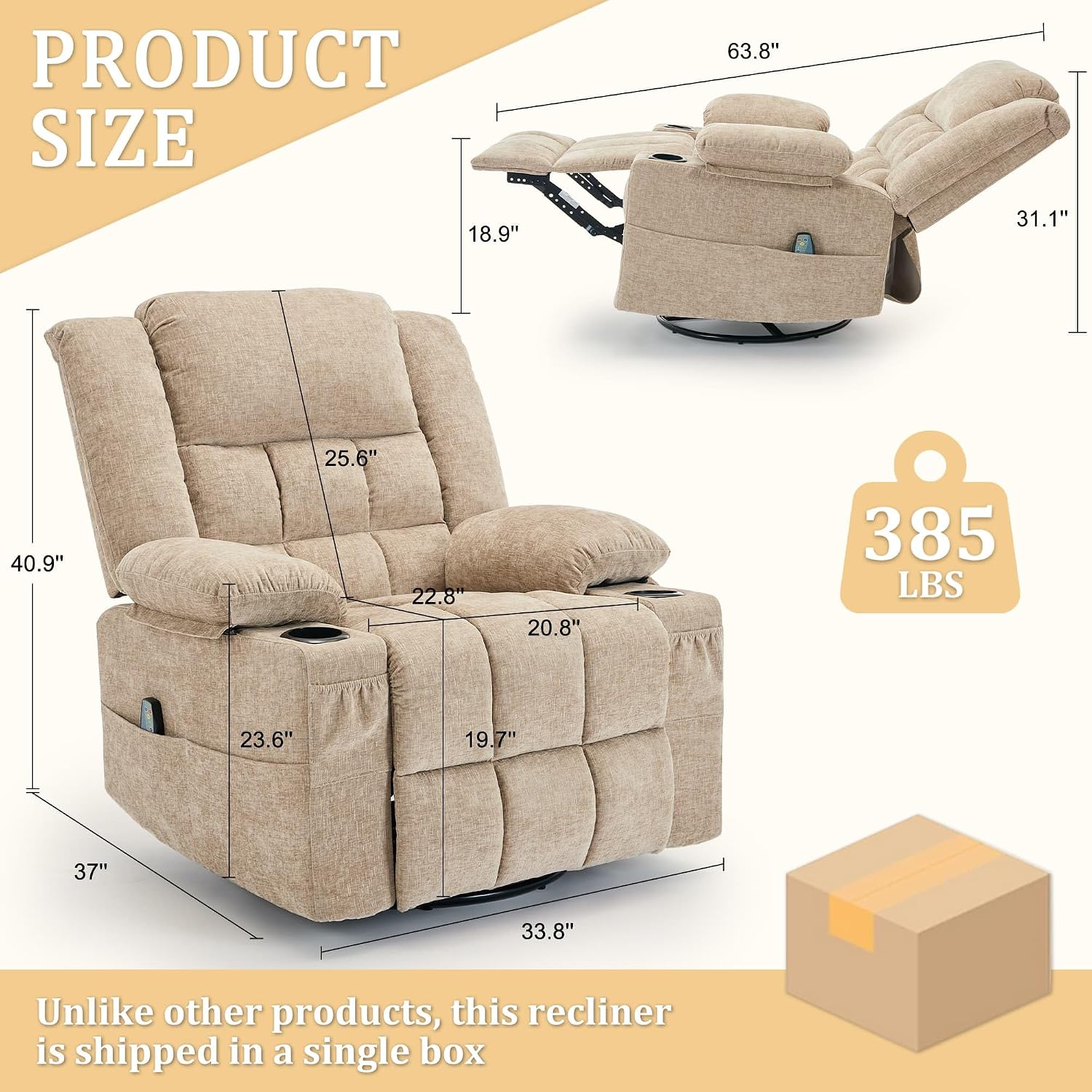 Korser 360° Swivel Rocker Recliner for Adults, Nursery Glider Recliner with Massage and Heating, Rocking Chair with Cup Holder, Manual Recliner Chair for Living Room, Bedroom (Fabric, Khaki)