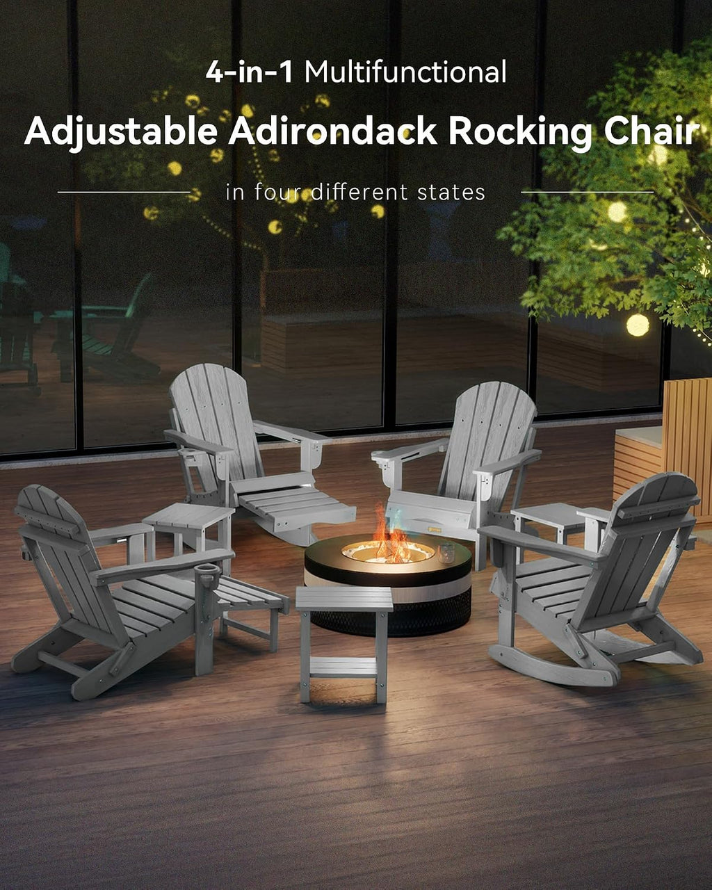 Adjustable Adirondack Rocking Chair with Retractable Ottoman, 4-in-1 Multifunctional Folding Patio Chair with Cup Holder, Outdoor Chair Wood Texture for Lawn, Porch, Backyard, Pool(Grey)