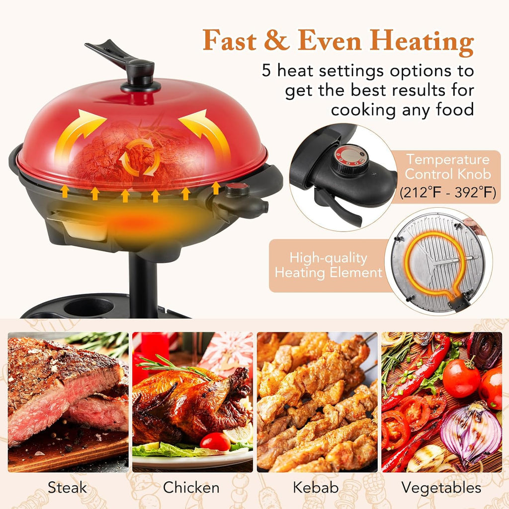 Happygrill Electric Grill Outdoor, 1350W Portable BBQ Grill w/Non-stick Griddle Plate, Temperature Control, Drip Tray, Temperature Control for Patio Camping (Red, 24.5'' Dia x 38.5'' H)