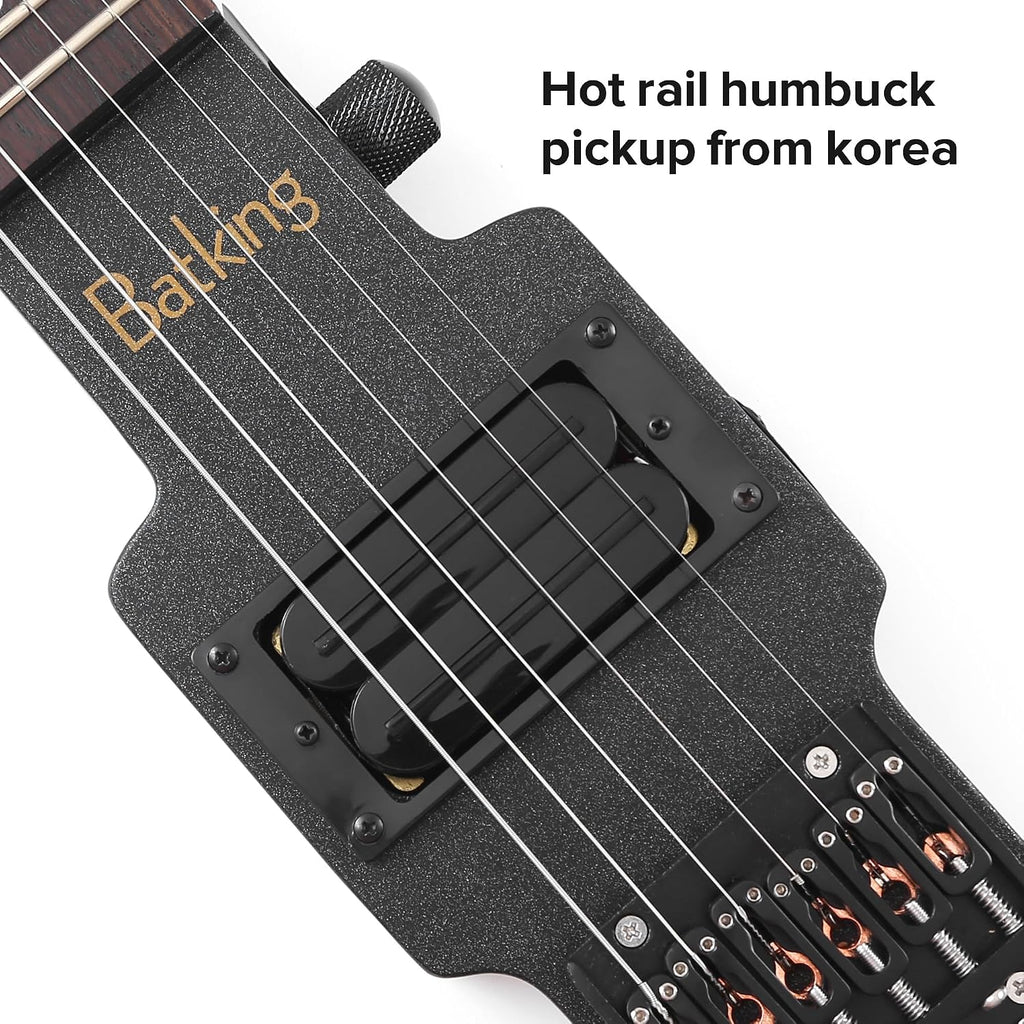 Batking Travel Guitar Electric, Headless Guitar 6 Strings One-piece Canada Maple Neck Through Body Design Brass Fix Bridge with Gigbag
