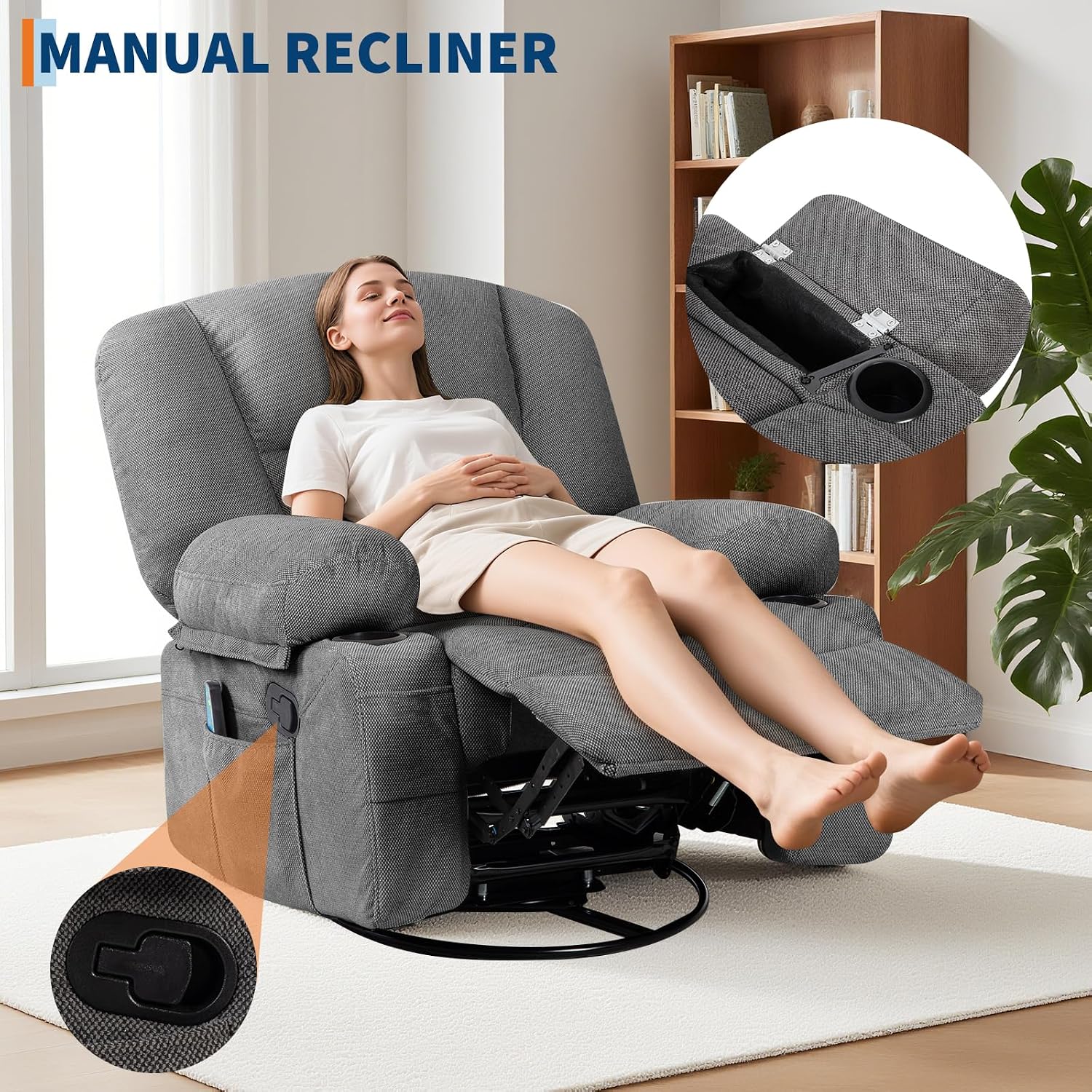 Massage Rocking Recliner Chair with Vibration and Heat, 360° Swivel Chenille Rocker Chairs for Living Room, Home Theater Seating with Cup Holders & Side Pocket for Adults, Living Room, Bedroom, Grey