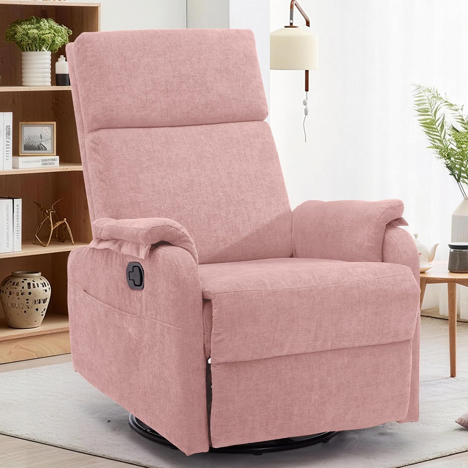 Korser Recliner Chair, Swivel Rocking Recliner Chair for Adults, Glider Rocking Chair, Small Nursery Chair Recliner for Living Room, Reclining Chair with Modern-Designed Armrests, Chenille, Pink