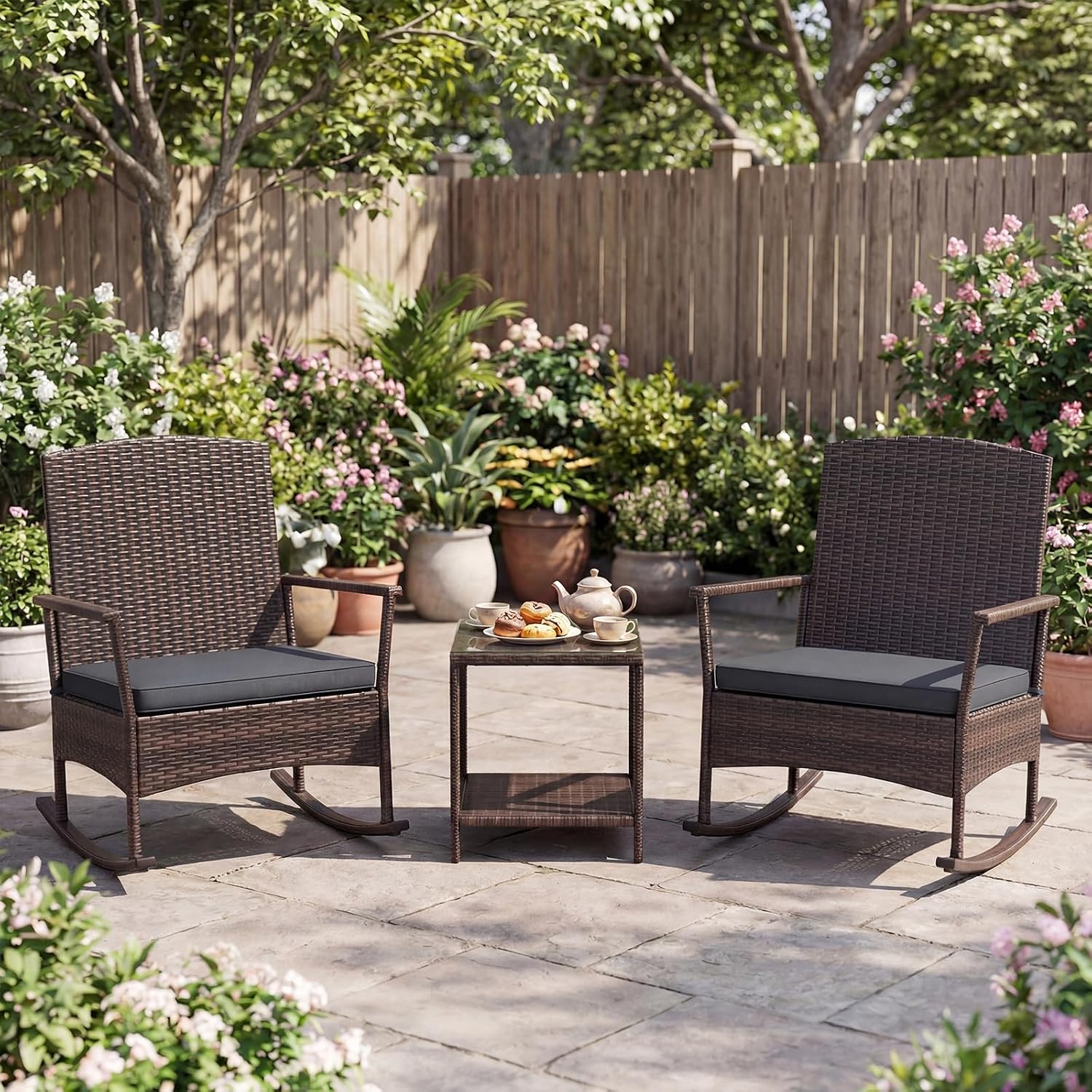 Tangkula 3 Pieces Rocking Wicker Bistro Set, Outdoor Front Porch Rocker Chairs Conversation Set with 2-Tier Tempered Glass Coffee Table and Thick Cushions for Garden, Balcony, Poolside (Gray)
