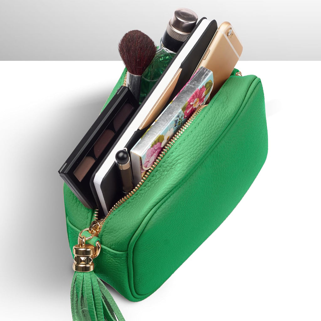Italian Calf Leather Crossbody Bag for Women with Tassel Zipper | Small Camera Purse Shoulder Handbag Pocketbook