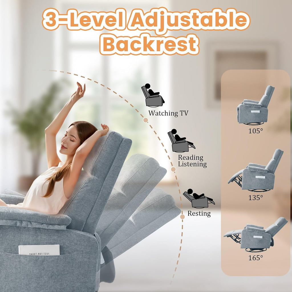 Korser Recliner Chair, Swivel Rocking Recliner Chair for Adults, Glider Rocking Chair, Small Nursery Chair Recliner for Living Room, Reclining Chair with Modern-Designed Armrests, Chenille, Blue