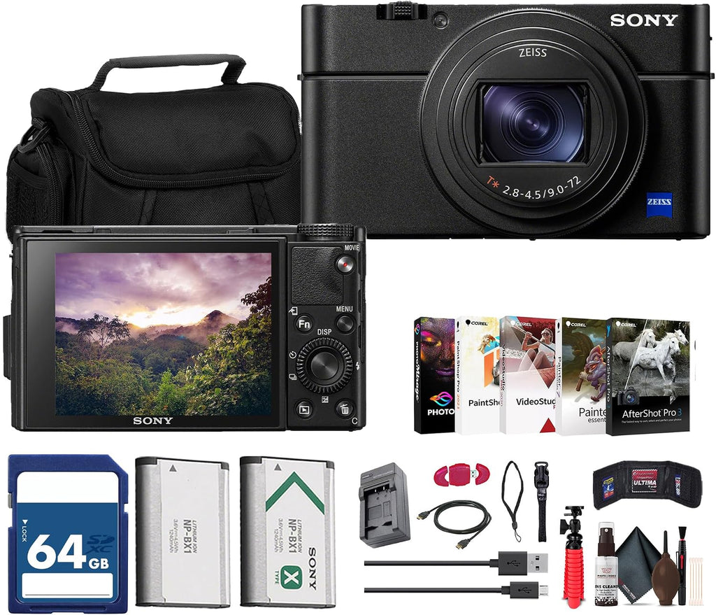 Sony Cyber-Shot RX100 VII Digital Camera (DSC-RX100M7) – 20.1MP 1-Inch Stacked CMOS Sensor | ZEISS 24–200mm Zoom Lens + 64GB Card + Case + NP-BX1 Battery + Card Reader and More