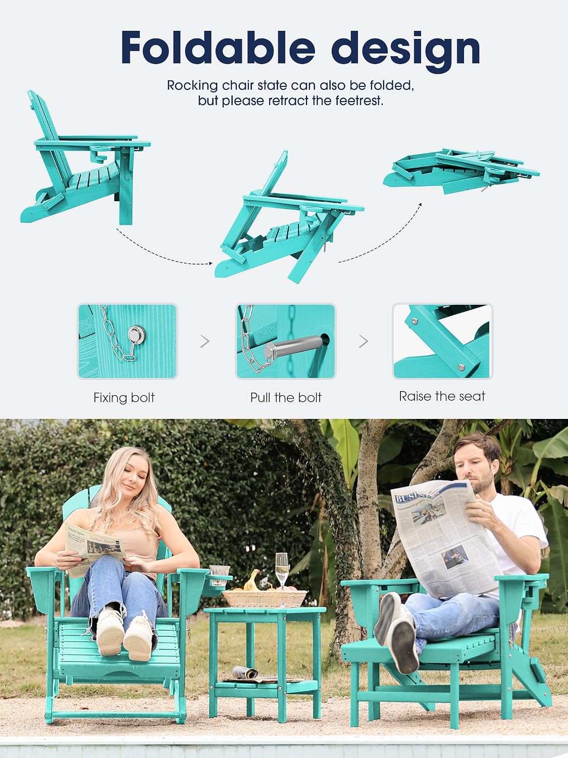 KINGYES Adirondack Rocking Chair Set of 4 with Retractable Ottoman and Cup Holders, HDPE Adirondack Rocker Patio Rocking Chair for Porch, Patio, Balcony, Aqua Blue