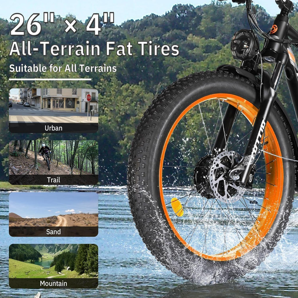 TUTTIO Adria26 5000W/6000W Dual Motor Ebike, 40-46MPH Electric Bike for Adults, 26' x 4' Fat Tire Electric Mountain Bike, 52V 25AH E-Bike Full Suspension Electric Dirt Bike for Off-Road Hunting