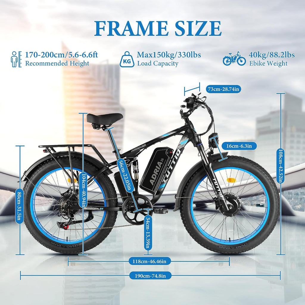 TUTTIO Adria26 5000W/6000W Dual Motor Ebike, 40-46MPH Electric Bike for Adults, 26' x 4' Fat Tire Electric Mountain Bike, 52V 25AH E-Bike Full Suspension Electric Dirt Bike for Off-Road Hunting