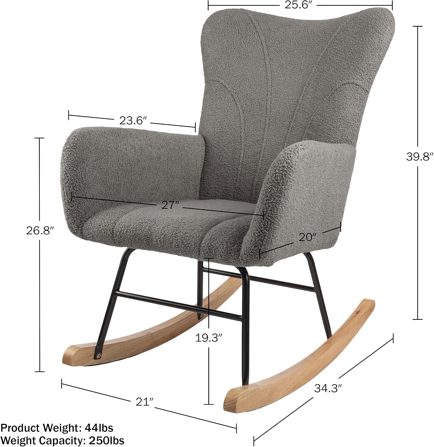 Rocking Chair - Teddy Fabric Upholstered Chair with Padded Seat and Contoured Armrests - Ergonomic Modern Rocker for Bedroom by Lavish Home (Gray)