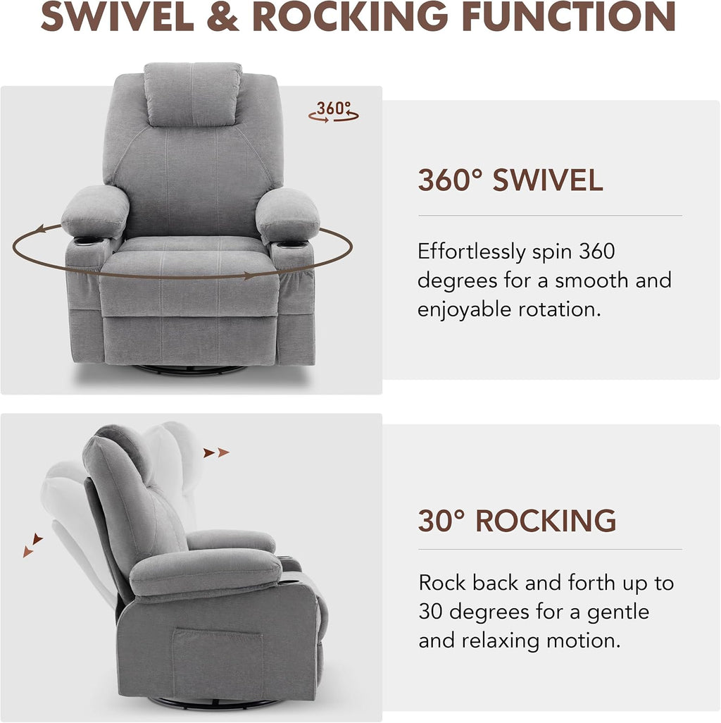 Weture Swivel Rocker Recliner Chair with Heat and Massage, Big Oversized Rocking Single Sofa for Living Room, 360 Degree Swivel Recliner Chair with Cup Holders and USB Port (Fabric, Grey)