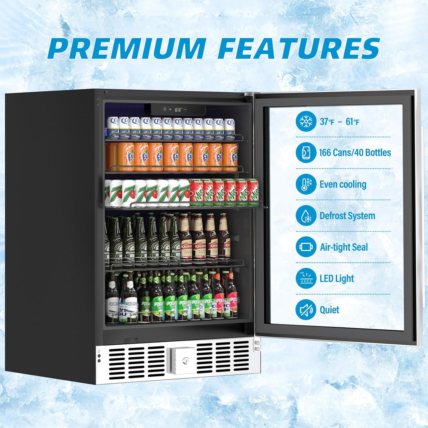 Compact Beverage Refrigerator, 5.3Cu.Ft/166 Can Mini Fridge with Glass Door and Digital Display, Small Drink Fridge with Adjustable Shelves for Soda, Silent Undercounter Mini Fridge for Home