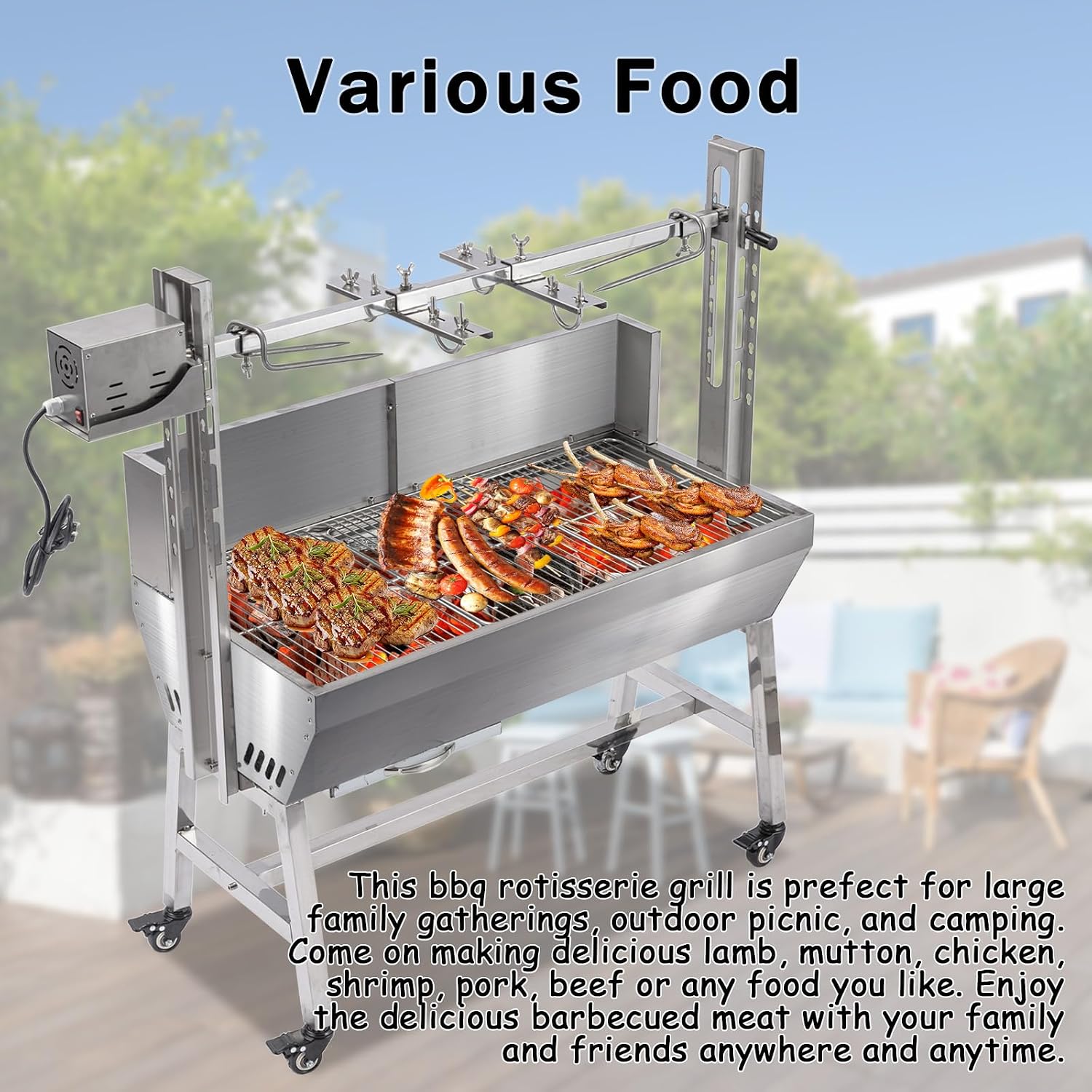 25W Stainless steel pig roaster rotisserie grill, 34.6-inch rated 132-pound barbecue grill suitable for outdoor camping kitchens