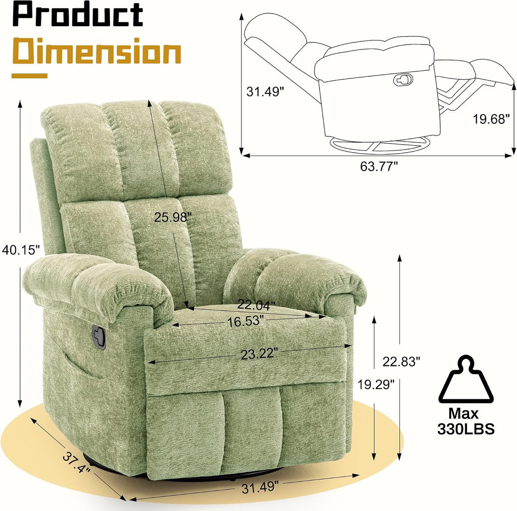Korser Recliner Chair, Swivel Rocker Recliner Chair for Adults, Small Recliners for Small Spaces, Upholstered Manual Recliner with Side Pockets, Nursery Rocking Chair for Living Room, Chenille, Green