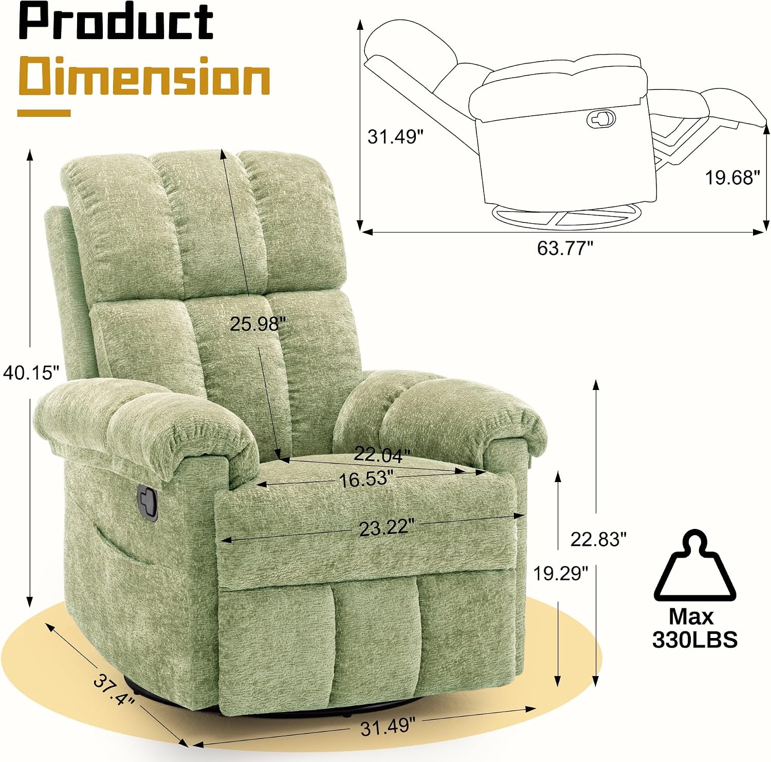 Korser Recliner Chair, Swivel Rocker Recliner Chair for Adults, Small Recliners for Small Spaces, Upholstered Manual Recliner with Side Pockets, Nursery Rocking Chair for Living Room, Chenille, Green