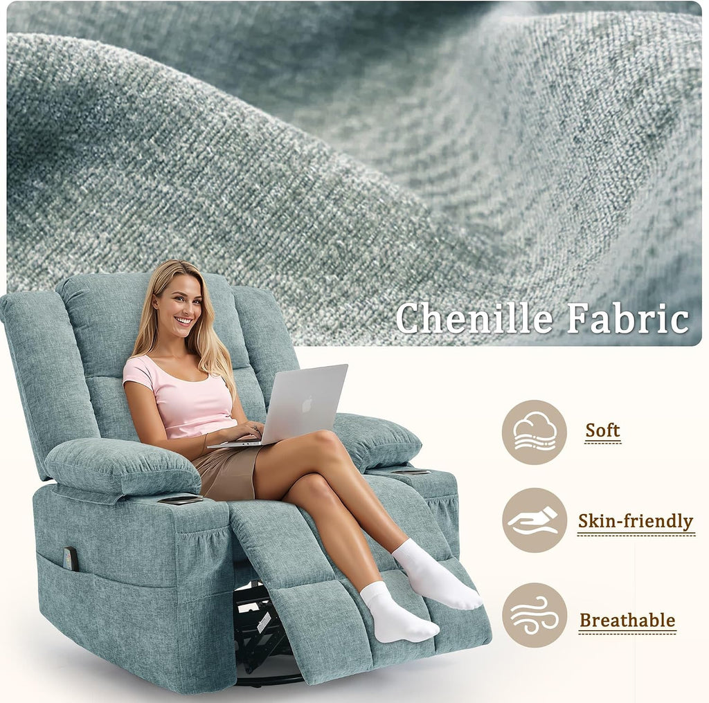 Korser Adult 360° Swivel Rocking Recliner, Nursery Rocking Chair with Massage and Heating Function, Cup Holder, Manually Adjustable Seat for Living Room and Bedroom (Fabric, Lake Blue)