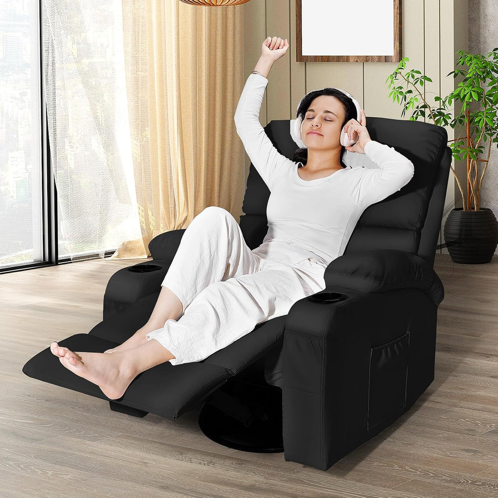 LAFWELL Rocking Recliner Chair, Massage Rocker Recliner Chair with Vibration Massage and Heat, USB and Type-C Ports,360° Swivel Faux Leather Chairs, Living Room, Bedroom, Nursery, RV, Black