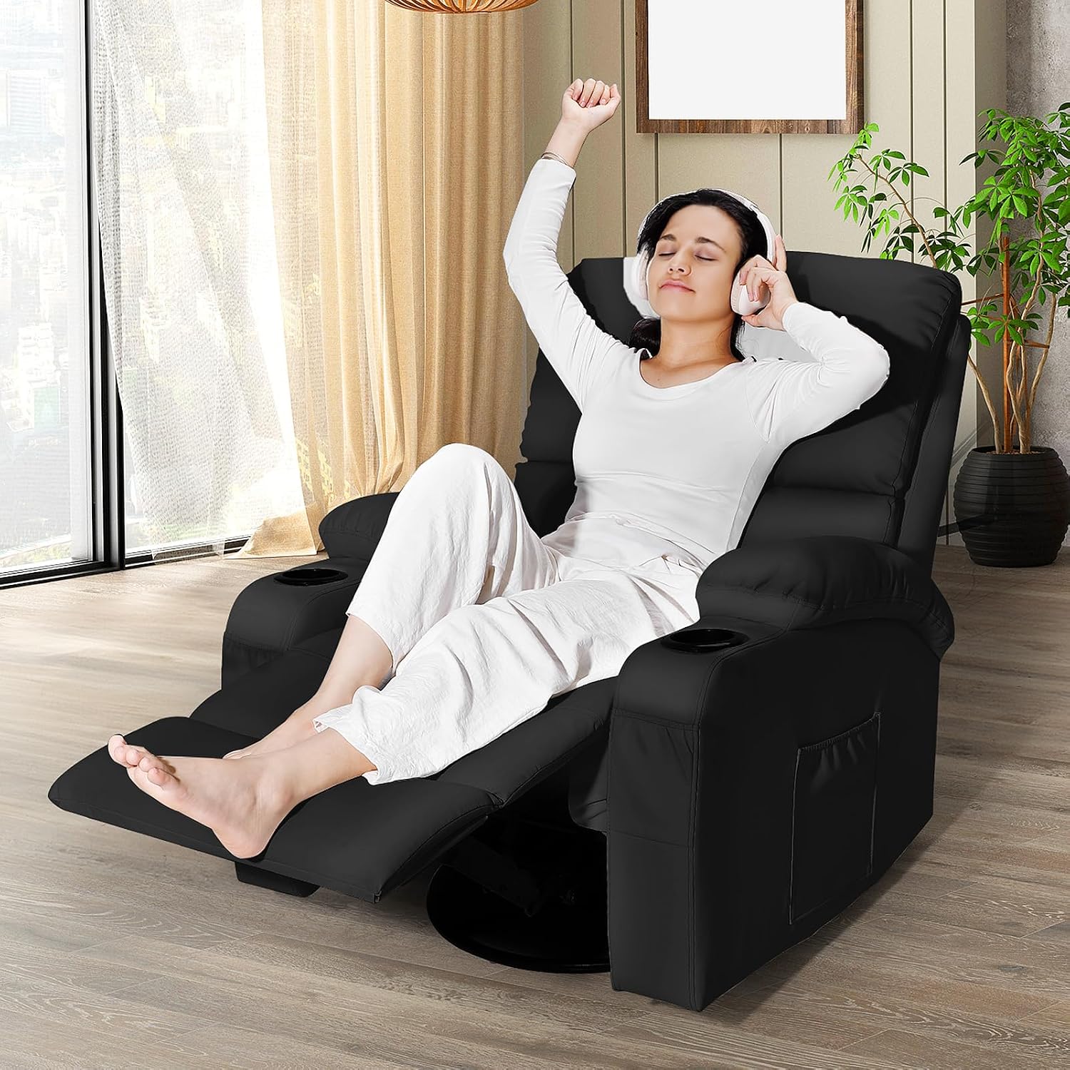 LAFWELL Rocking Recliner Chair, Massage Rocker Recliner Chair with Vibration Massage and Heat, USB and Type-C Ports,360° Swivel Faux Leather Chairs, Living Room, Bedroom, Nursery, RV, Black