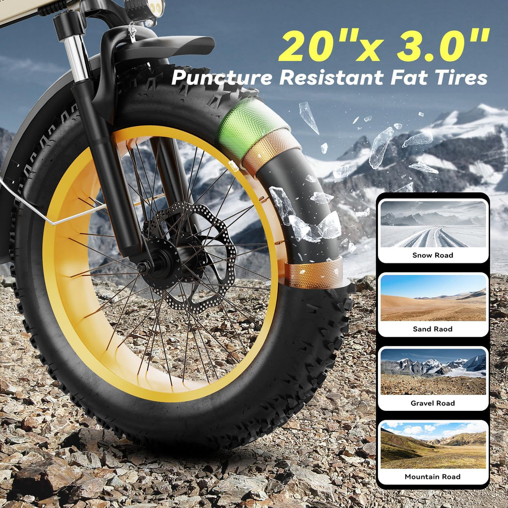 Foldable Electric Bike for Adults, 48V 20Ah Removable Lithium Battery up to 80Miles, 20' Fat Tire 1000W Peak Motor Dirt Ebike Adult Electric Bicycle for Commute Beach Mountain E Bike