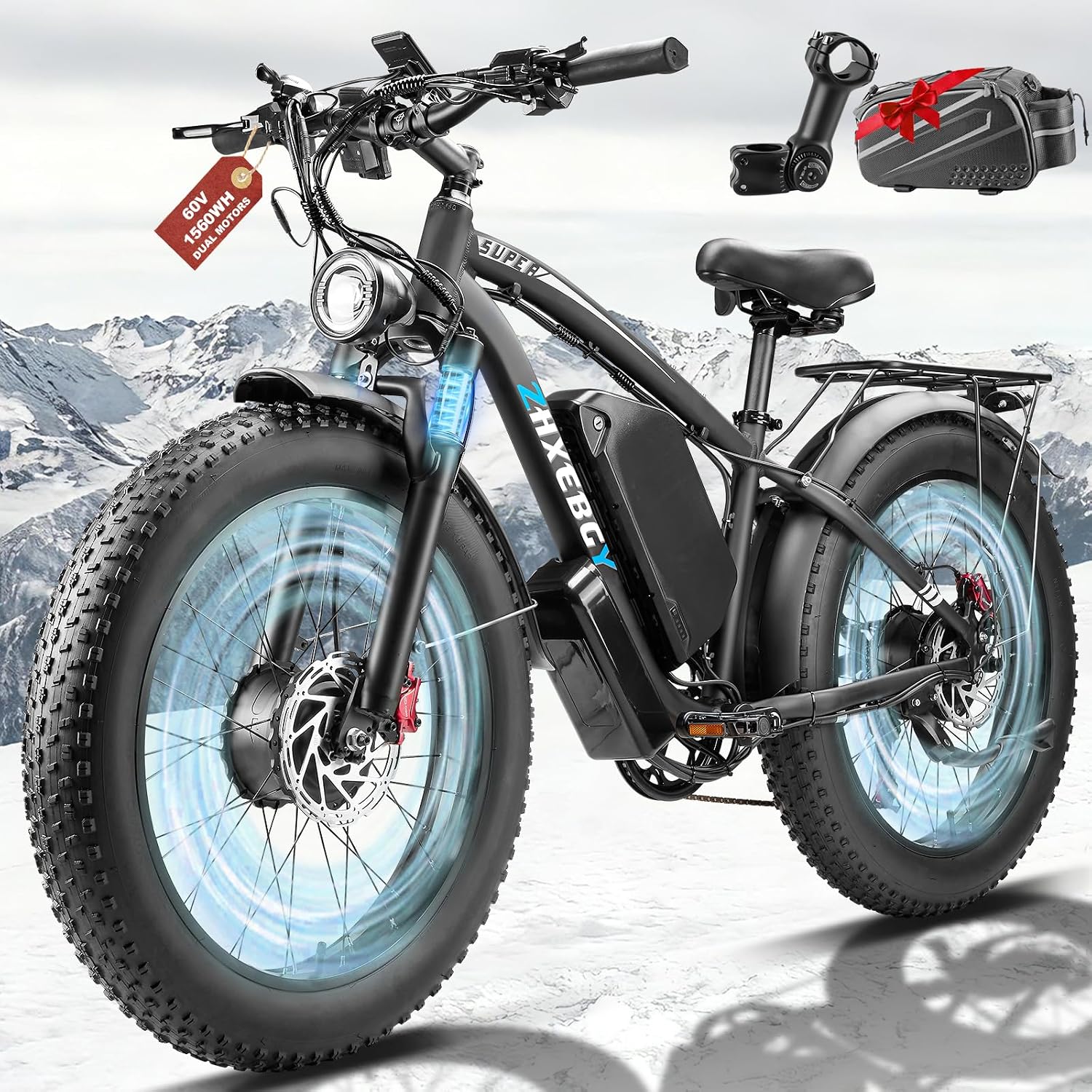9000W Peak 60V 1560Wh Battery High-Power Dual Motor Ebike, 46MPH 90-100 Miles Long Range, Fat Tire Electric Bike for Adults Men with Hydraulic Disc Brake Electric Bicycle for Off-Road (Black)