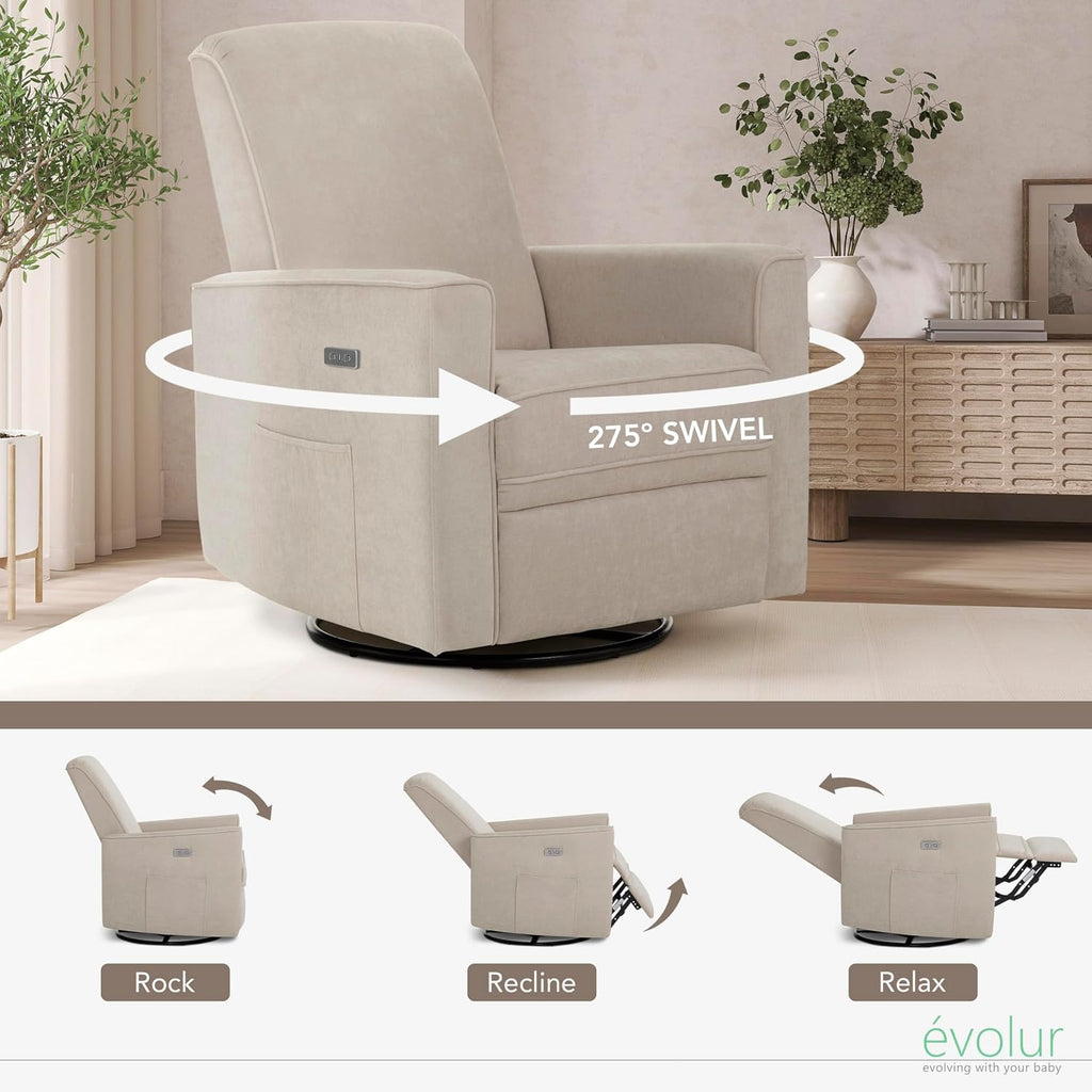 Evolur Harlow Upholstered Power Glider Recliner with USB Charging – Rocking & 275° Swivel with Smooth Glide – Greenguard Gold & FSC Certified – Modern Nursery and Living Room Chair in Tan