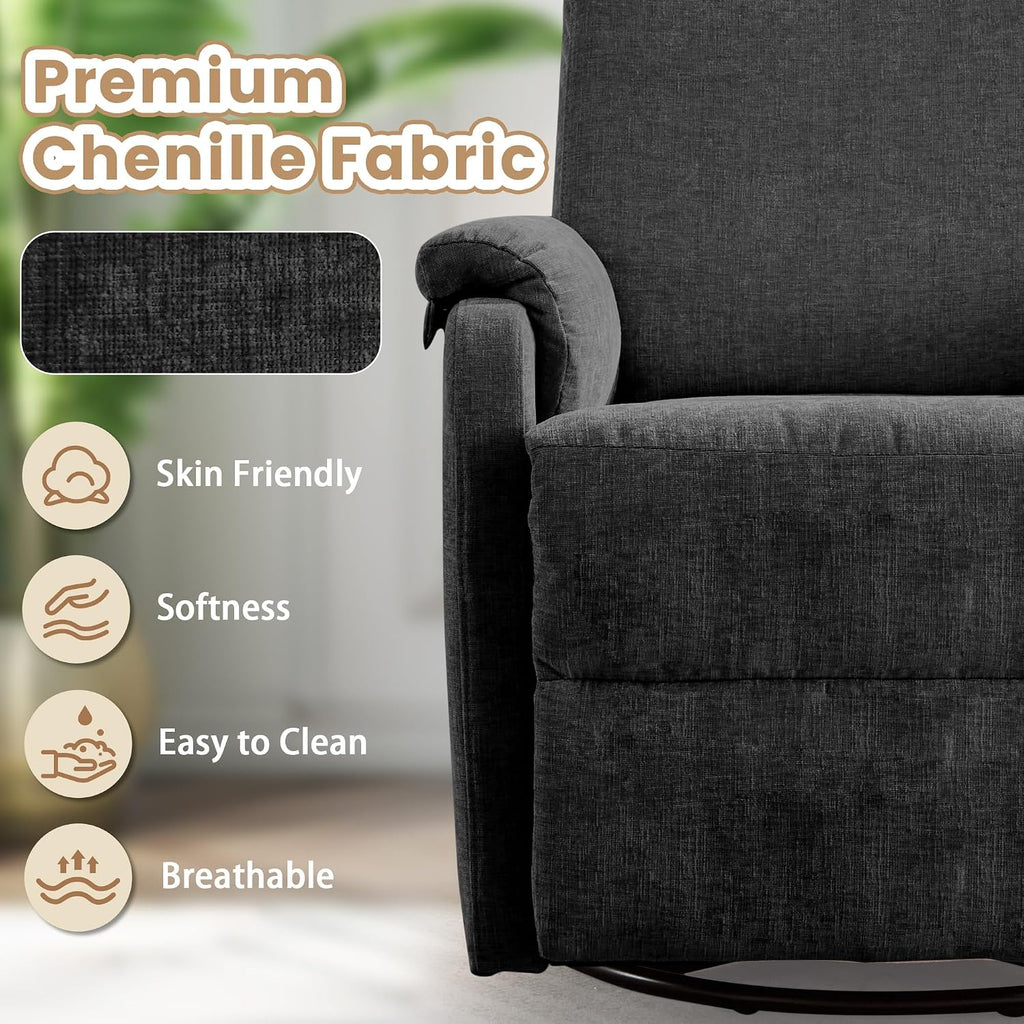 Korser Swivel Rocking Recliner with Massage, Small Glider Chair for Nursery, Modern-Designed Armrests Chair for Adults Living Room, Chenille, Black