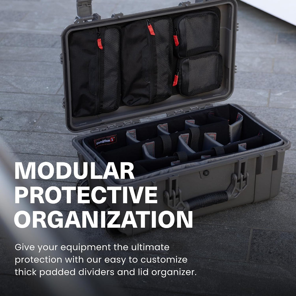 Condition 1 22' Large Rolling Lockable Hard Storage Case w/Padded Divider & Lid Organizer, Model 300, Waterproof Protective Box for Camera & Production Gear, Made in USA, 21.84'x13.82'x9' Black