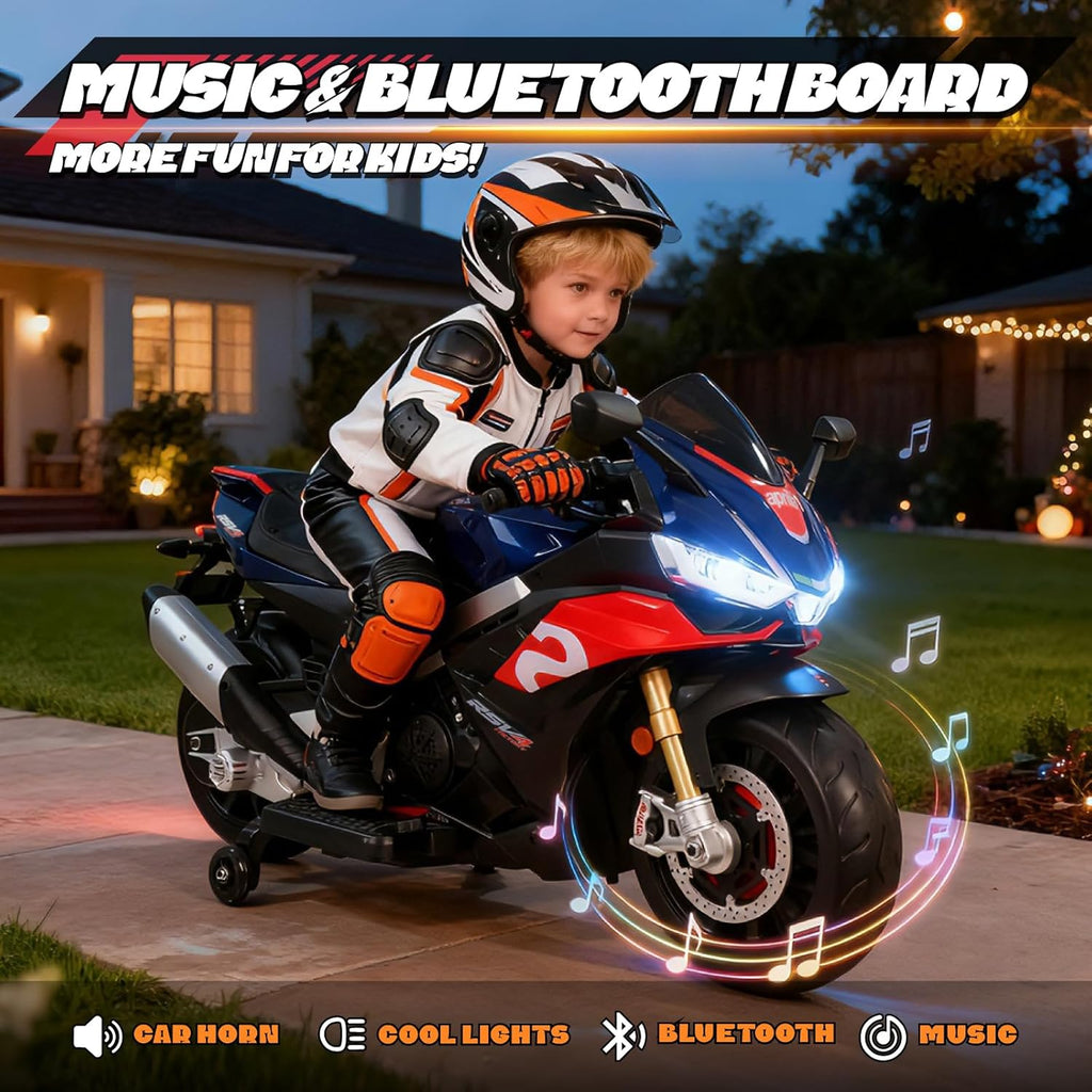HEIMILI 24V Kids Motorcycle, Aprilia RSV4 Licensed Electric Ride on for 3-6 Years, 51' Large Motorbike with Training Wheels, Bluetooth, Speed 5mph (Blue, 24V(51 * 31 * 22))