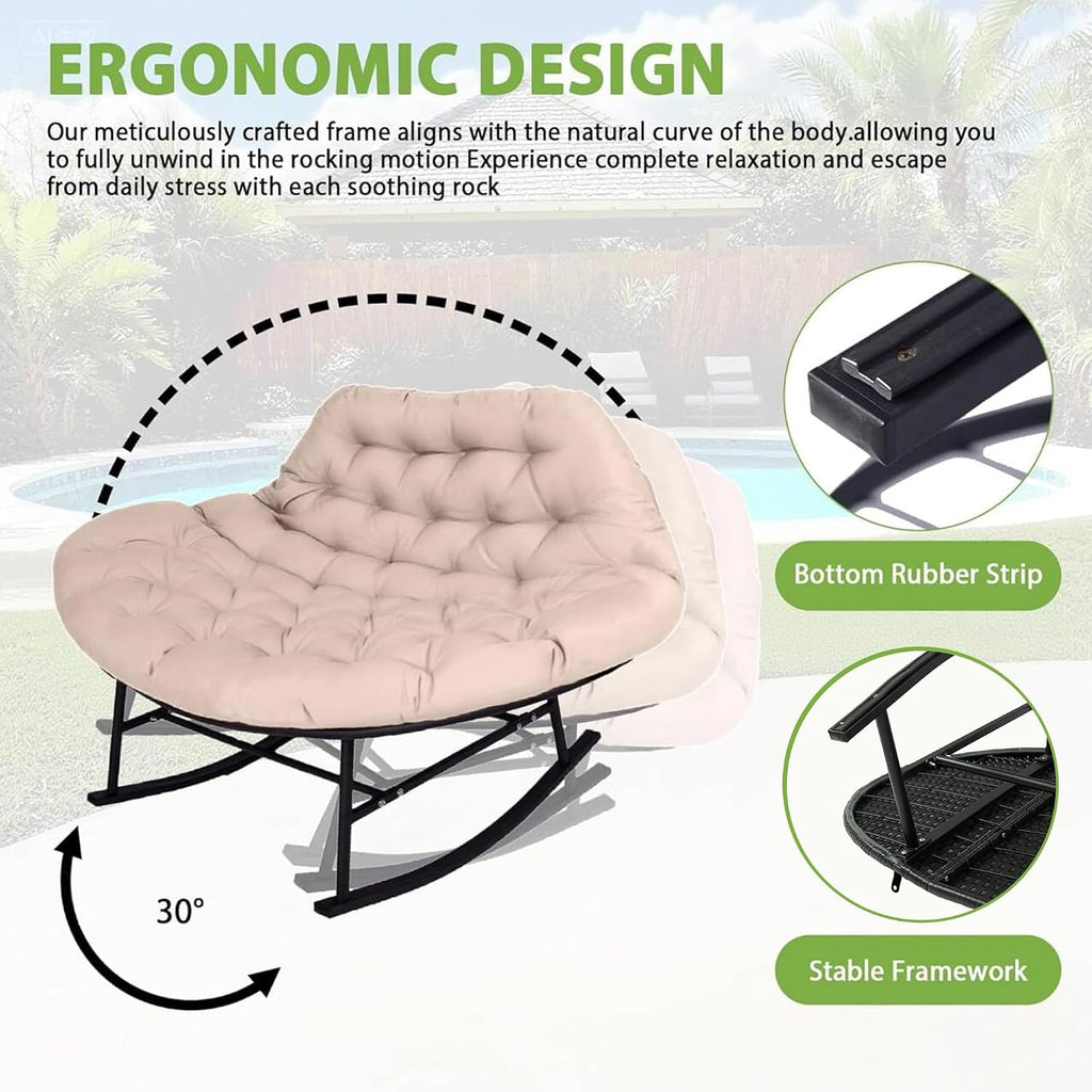 YOXIFOC Double Papasan Chair, Indoor and Outdoor Double Lounge Rocking Chair, with Extra-Thick Large Cushion, for Living Room/Patio/Garden (Beige)